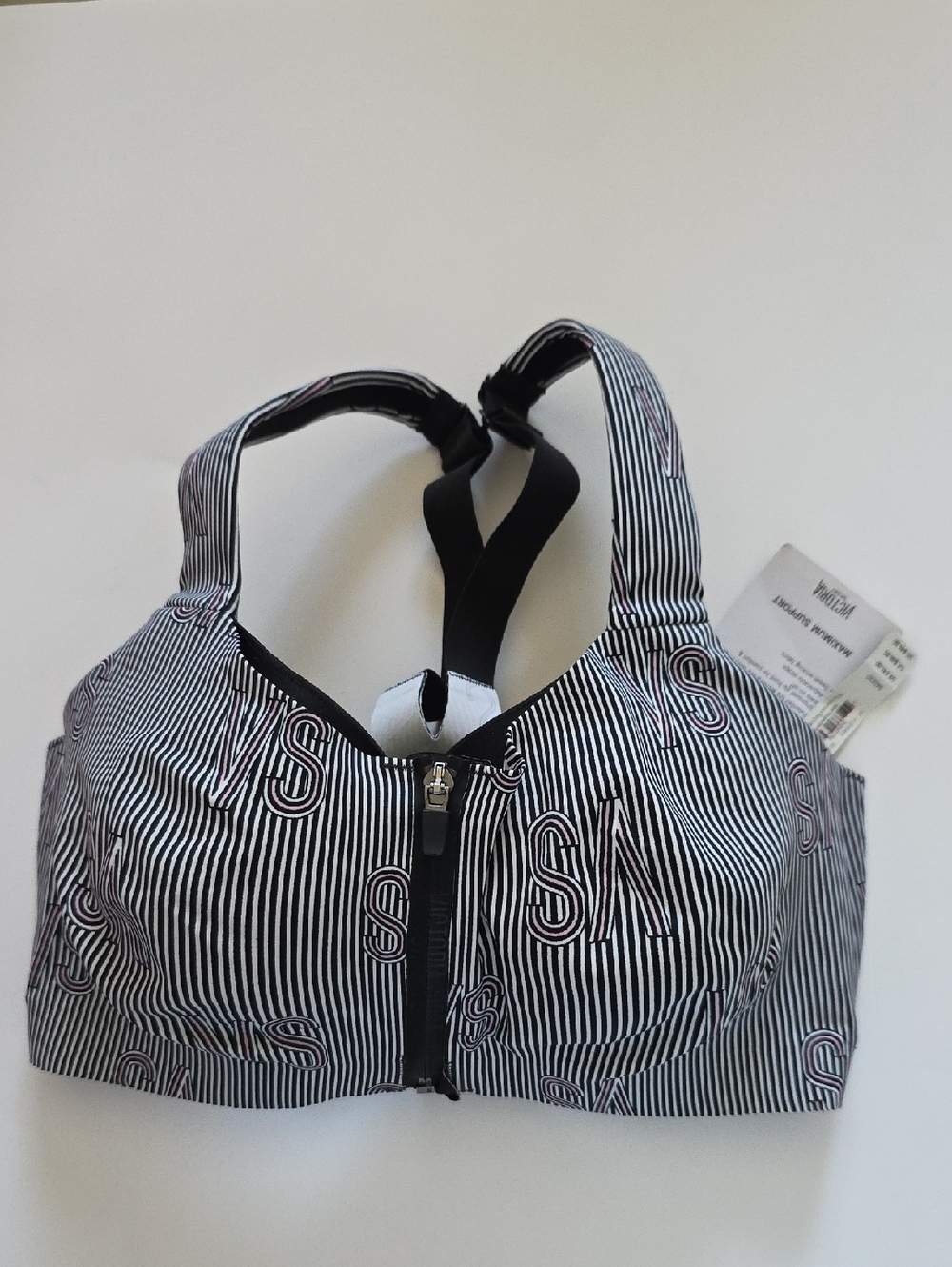Victoria Sport Front-Zip High Support Sports Bra - Black & White Stripe